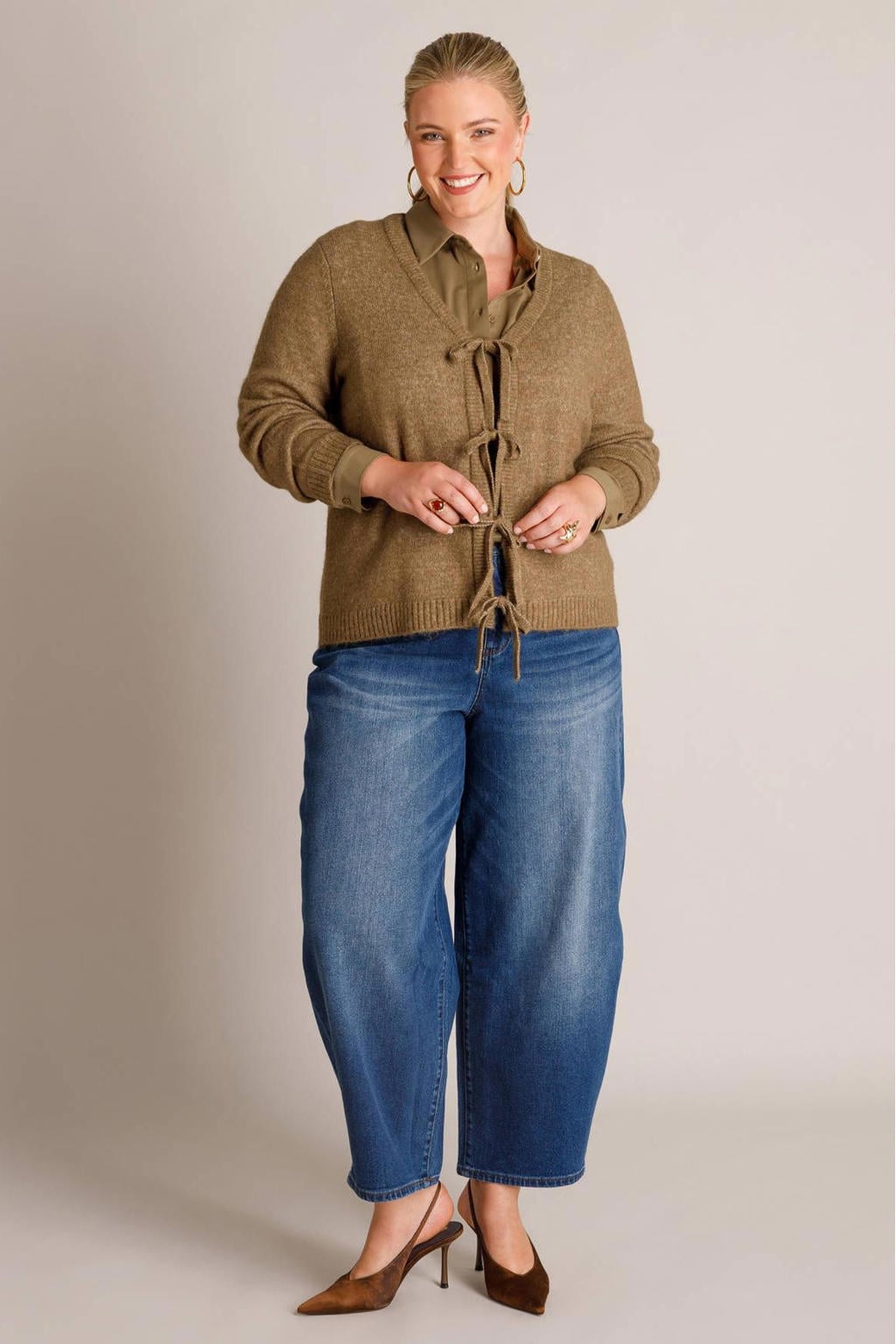 Yest Curve gebreid vest Plus Size met wol - grijsgroen