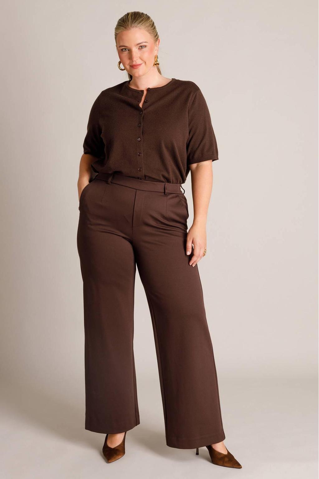 Bruine dames Yest Curve wide leg broek Plus Size van viscose met effen