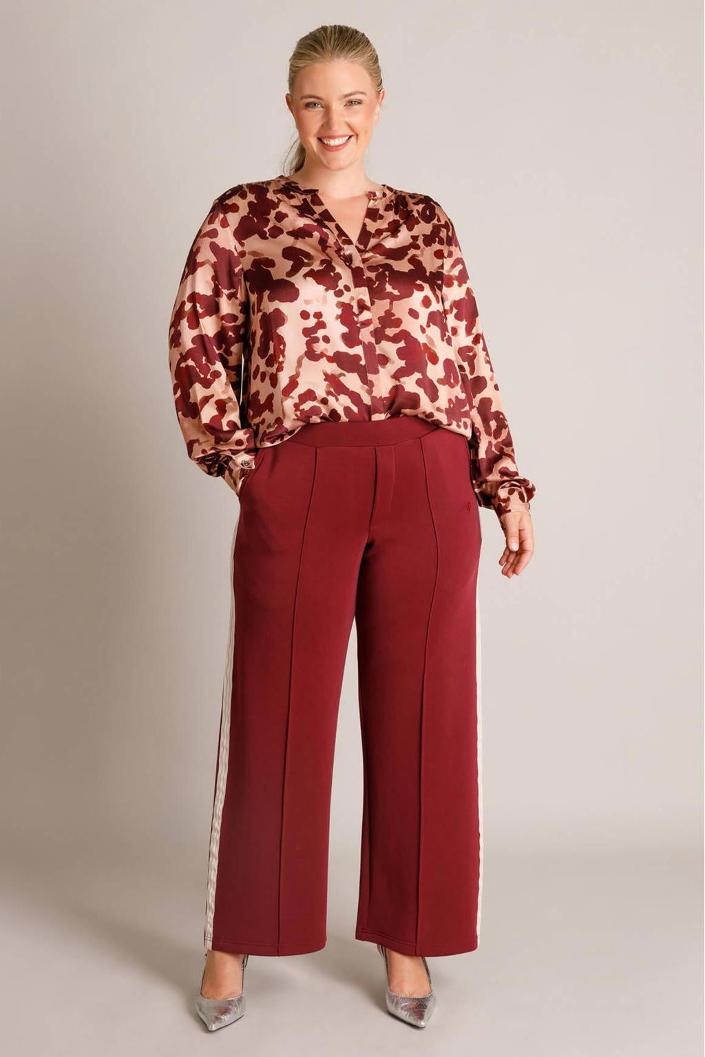 Rood en ecru dames Yest Curve blouse Plus Size van viscose met lange mouwen en knoopsluiting