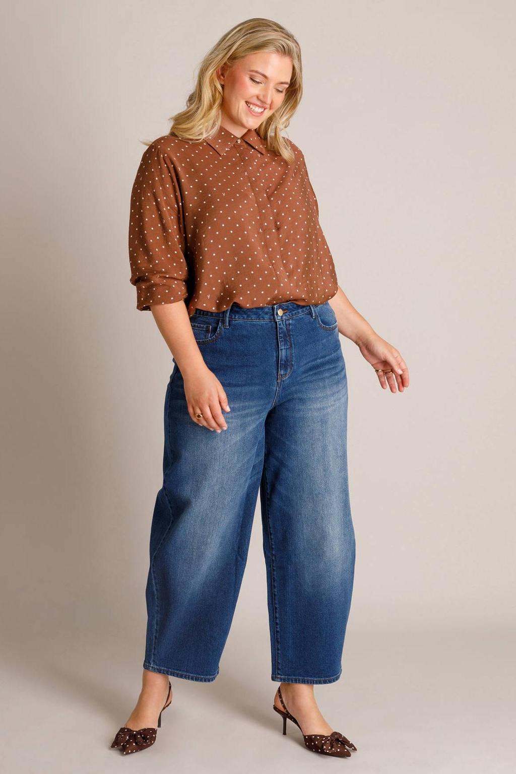 Dark blue denim dames Yest Curve regular waist barrel jeans Plus Size van denim met rits- en knoopsluiting en effen