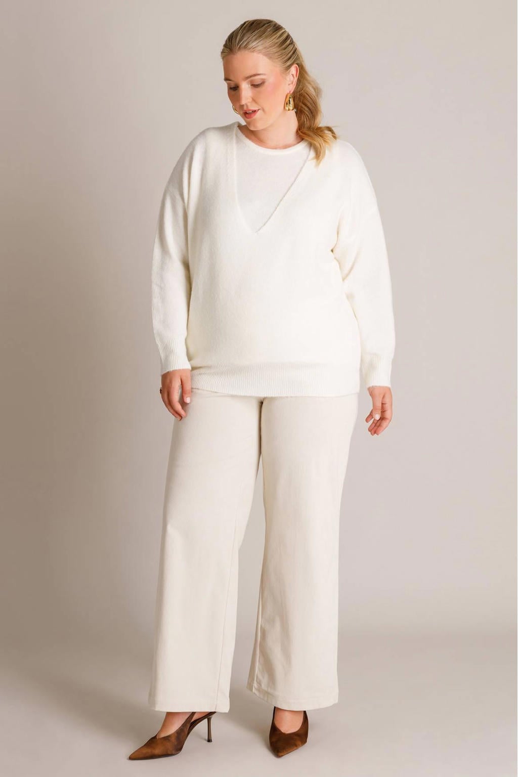 Witte dames Yest Curve gebreide trui Plus Size met meerkleurige print en lange mouwen