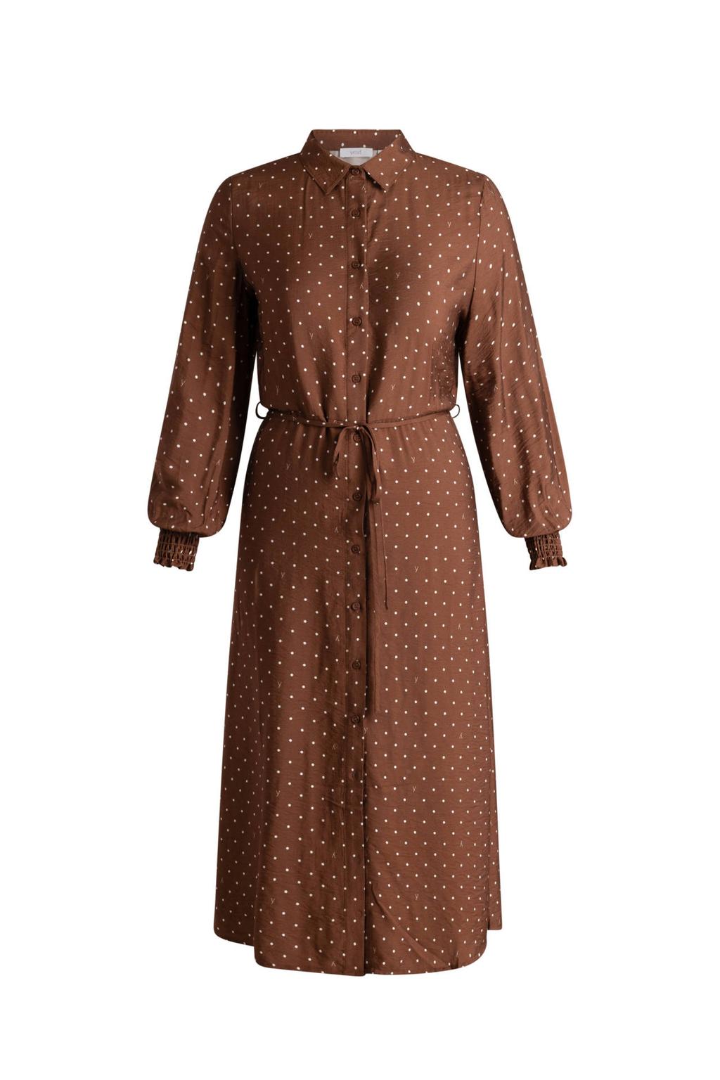 Bruin en witte dames Yest Curve jurk met print Plus Size van viscose met lange mouwen, klassieke kraag en knoopsluiting