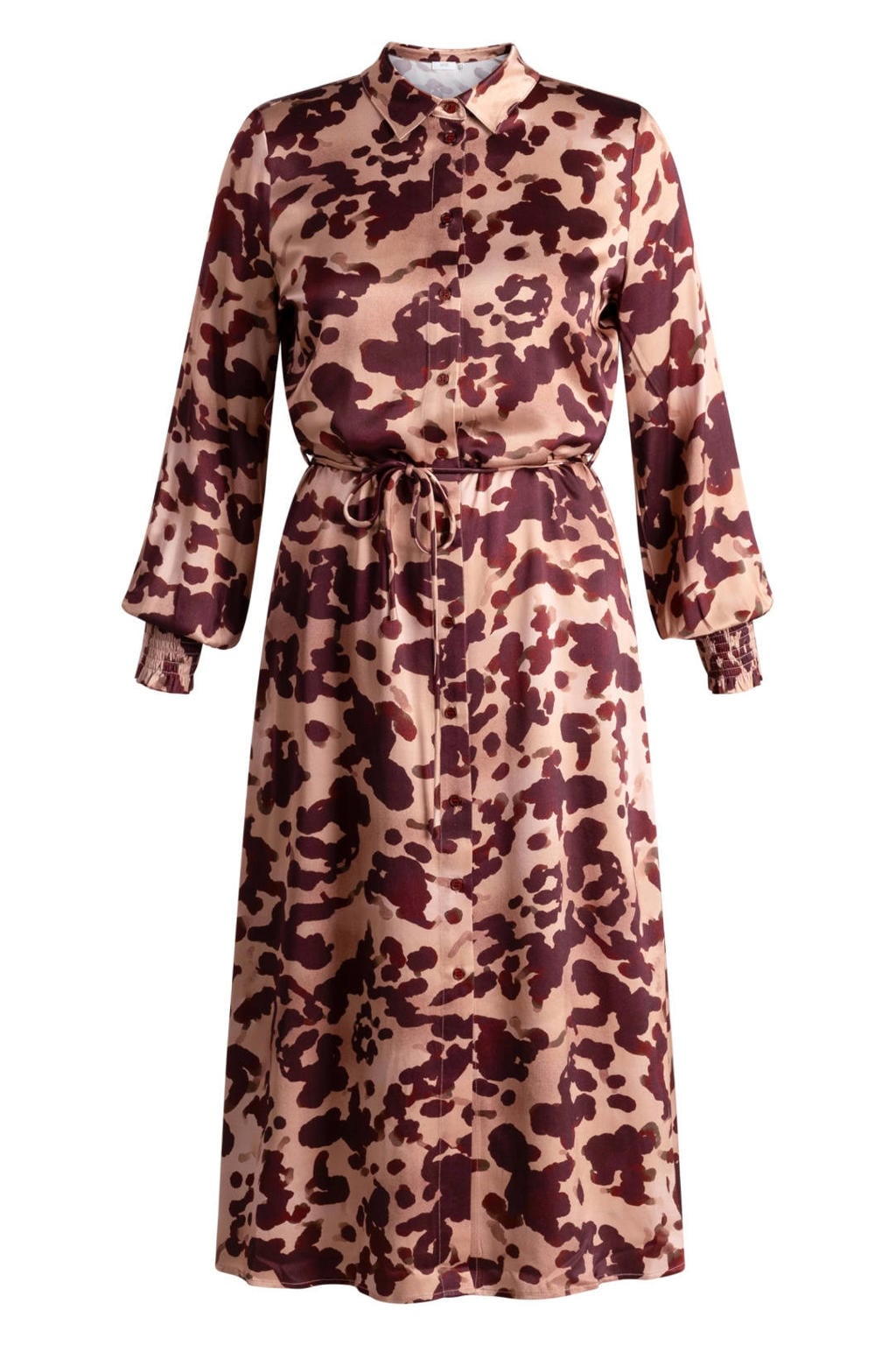 Multikleurige dames Yest Curve jurk Plus Size ceintuur met print meerkleurig van viscose met lange mouwen, klassieke kraag en knoopsluiting