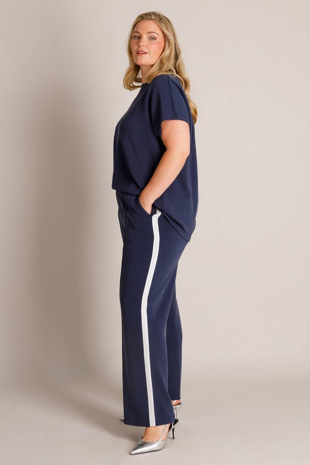 Donkerblauw en witte dames Yest Curve wide leg broek Plus Size van modal met effen