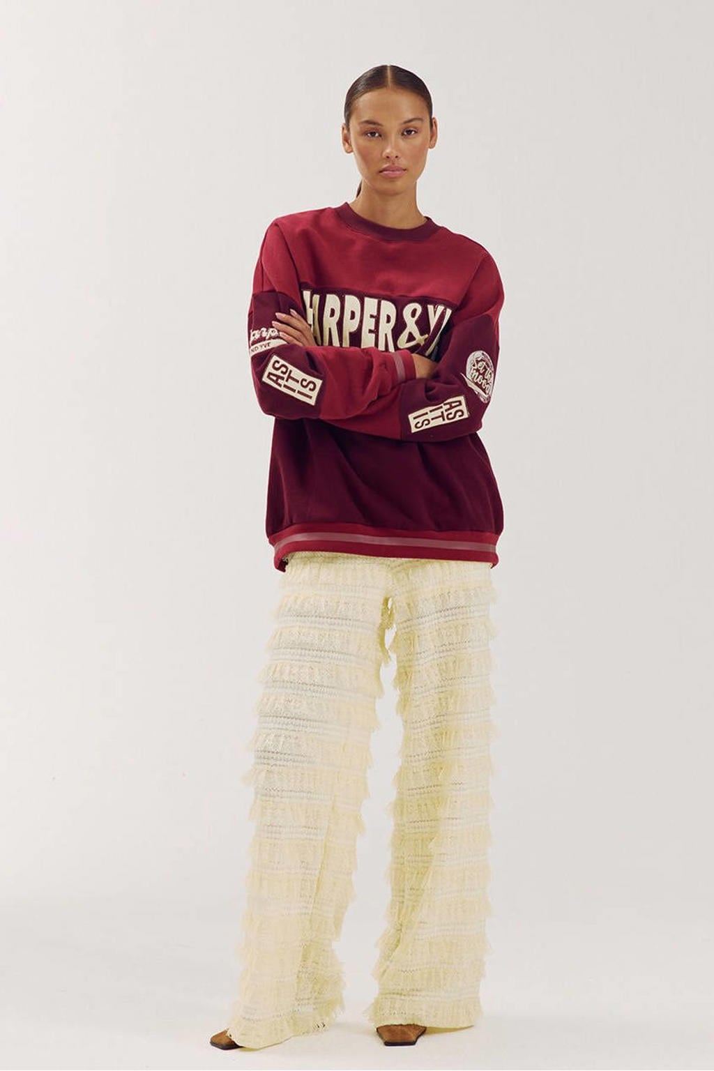 HARPER & YVE kanten wide leg broek met ruches - lichtgeel