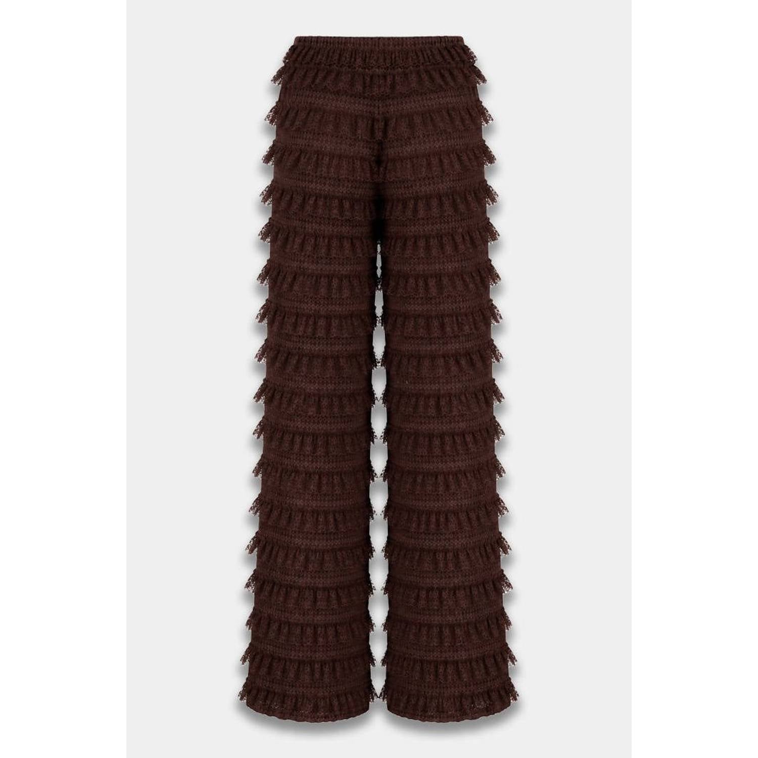 HARPER & YVE kanten wide leg broek met franjes donkerbruin