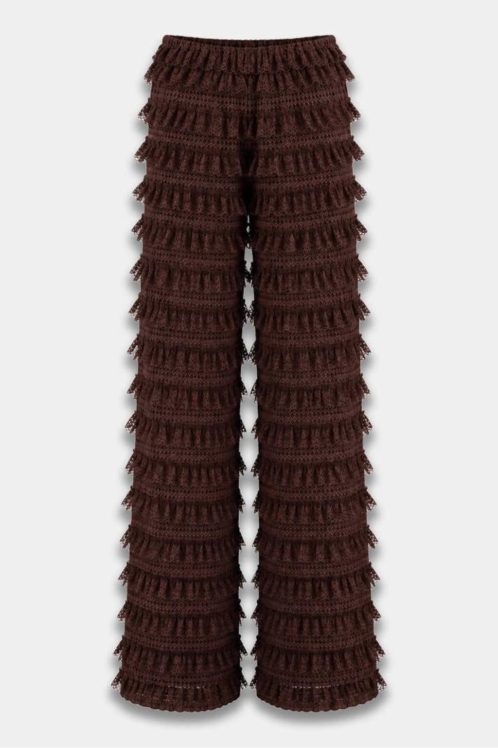 HARPER & YVE kanten wide leg broek met franjes - donkerbruin