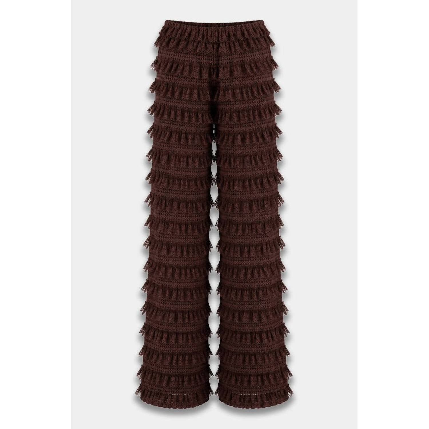 HARPER & YVE kanten wide leg broek met franjes donkerbruin