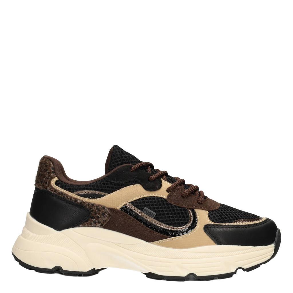 Zwart en beige dames POSH by Poelman Angy chunky leren sneakers - met veters