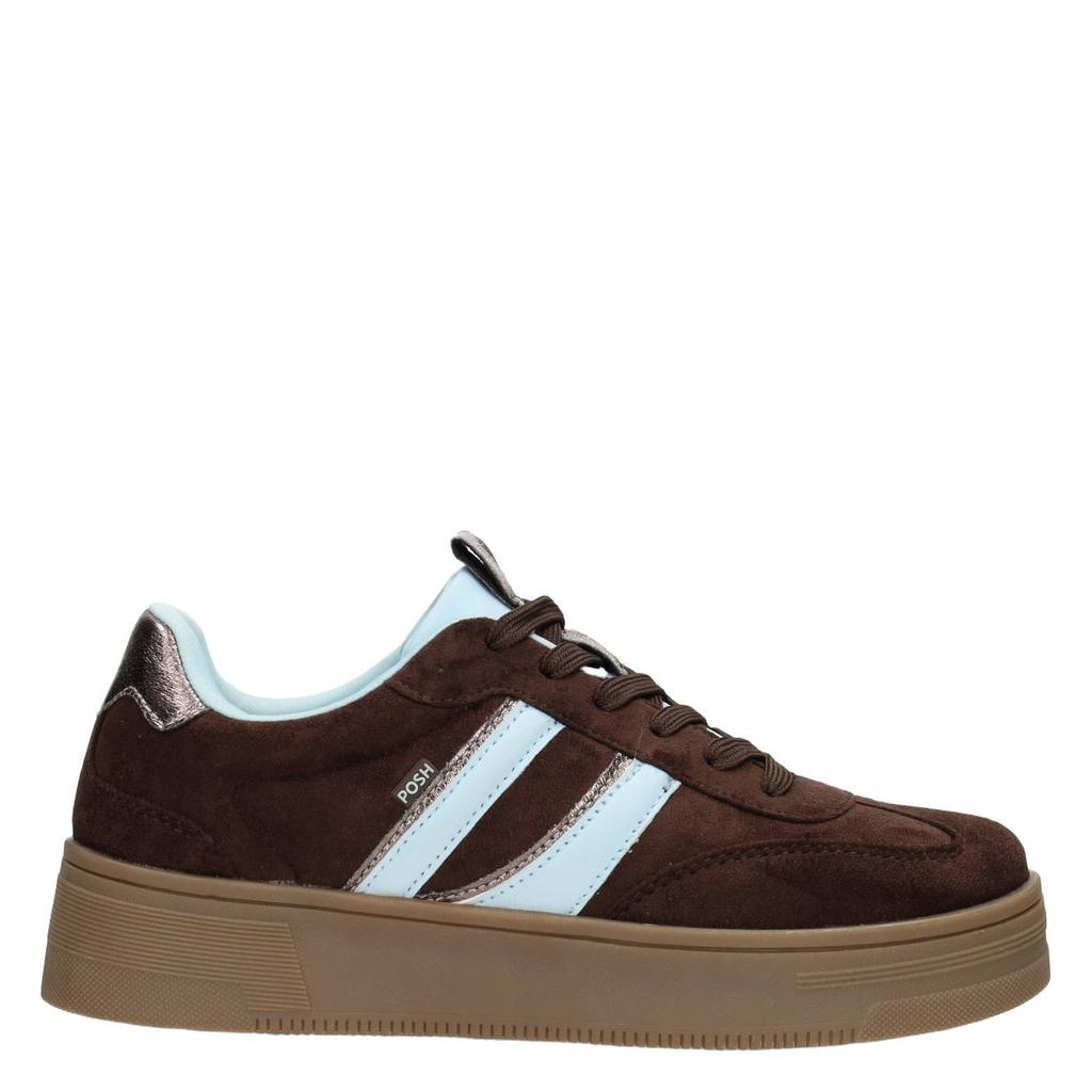 Bruin en lichtblauwe dames POSH by Poelman Lilly sneakers - van suèdelook met veters
