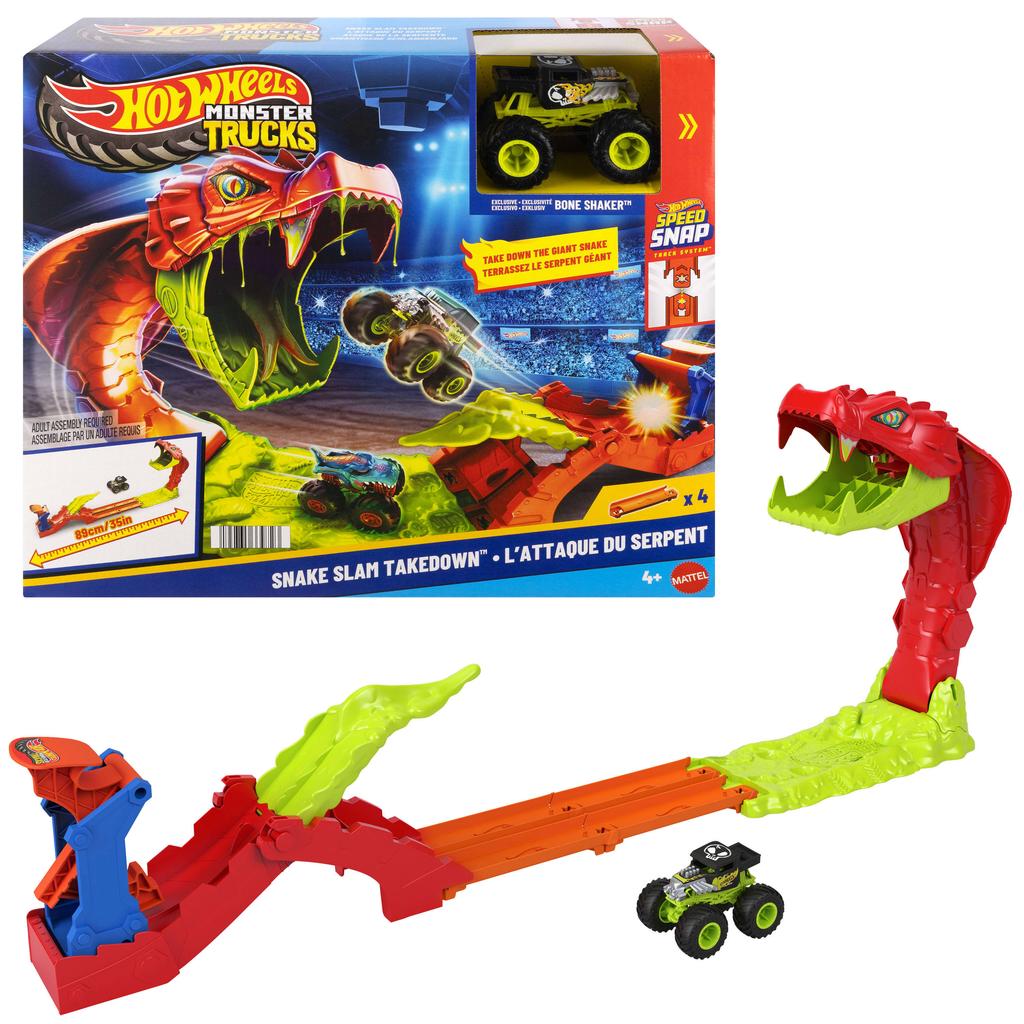 Hot Wheels Monstertrucks Sla de Slang Knock-Out Speelset met Bottenschudder speelgoedvoertuig op een schaal van 1:64