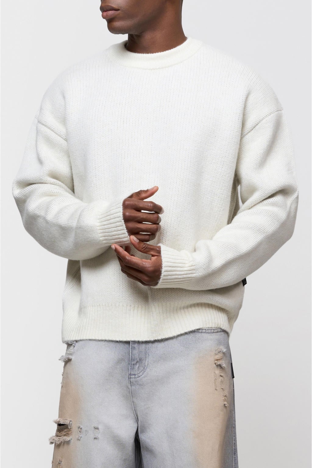 Ecru heren Equalité oversized gebreide trui van acryl met backprint, lange mouwen en ronde hals