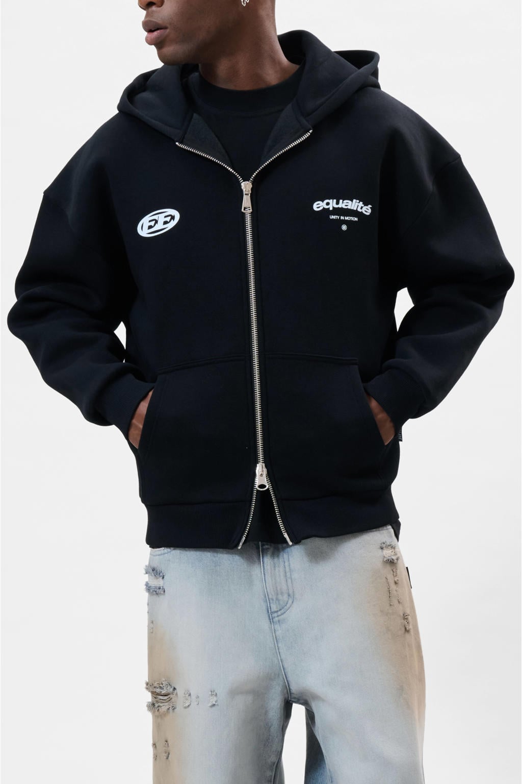 Zwarte heren Equalité sweatvest met backprint, lange mouwen, capuchon, 2-way rits en geribde boorden