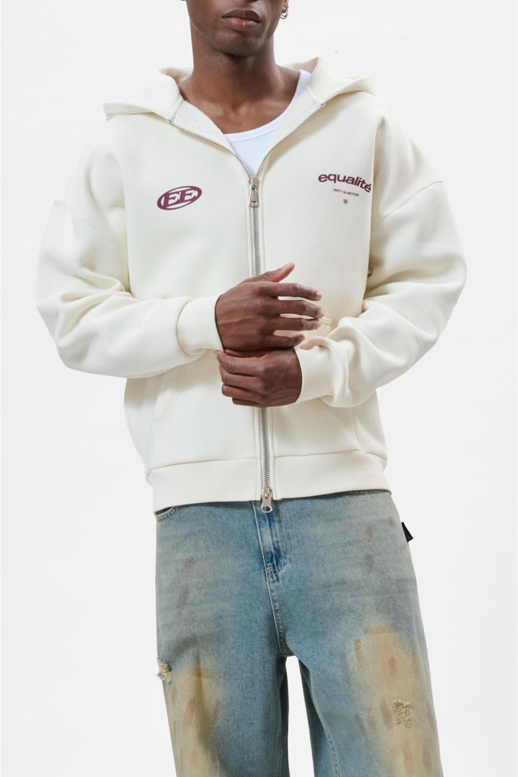 Ecru heren Equalité sweatvest met backprint, lange mouwen, capuchon, 2-way rits en geribde boorden