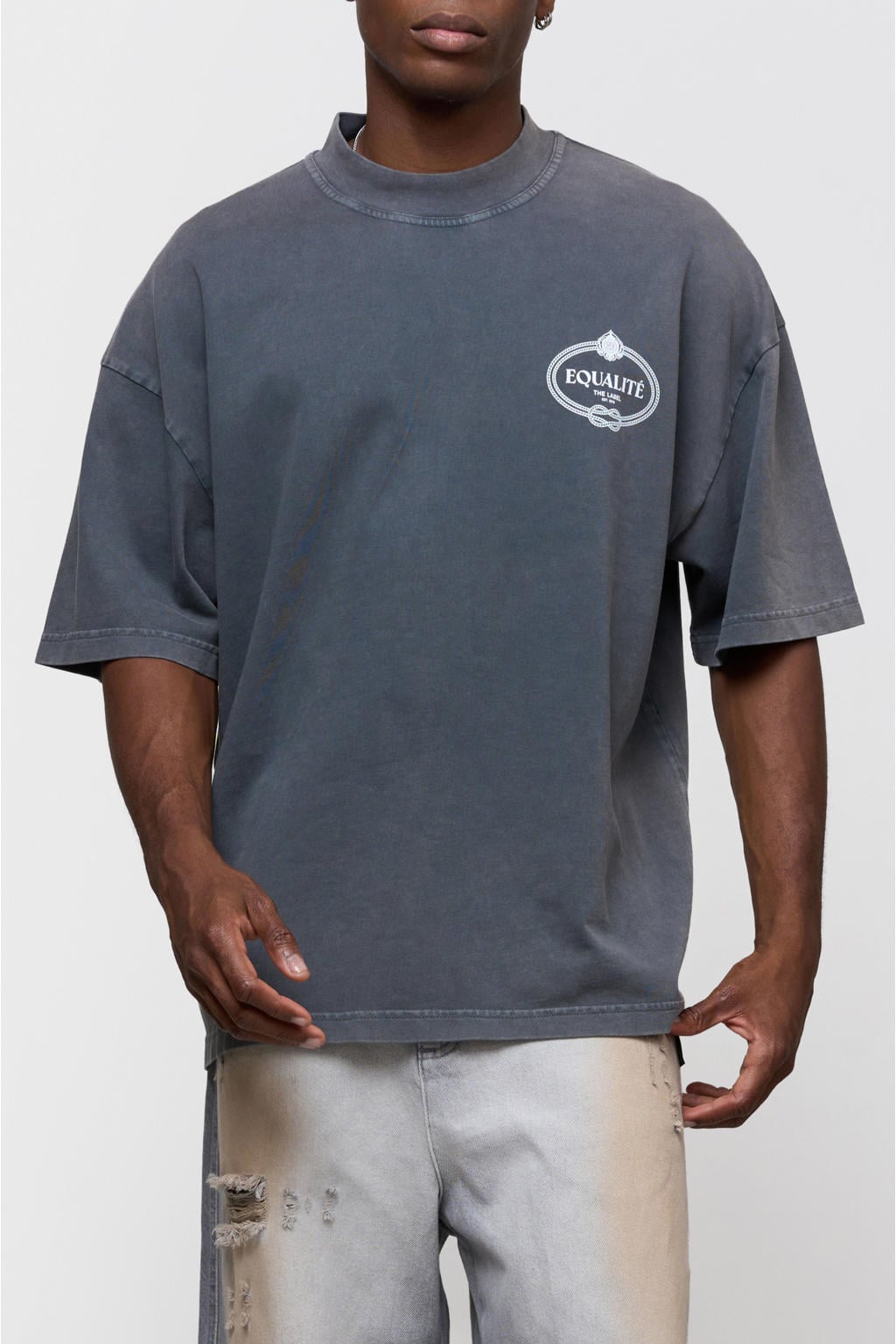 Grijze heren Equalité T-shirt van katoen met backprint, korte mouwen en ronde hals