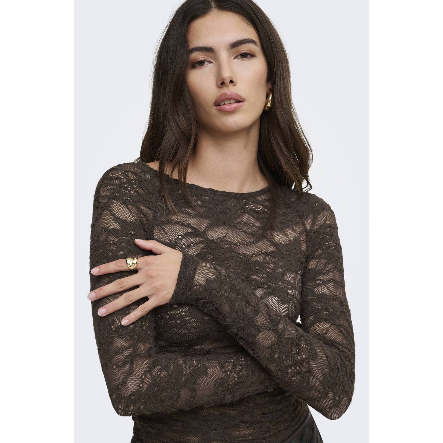 ONLY kanten body top donkerbruin