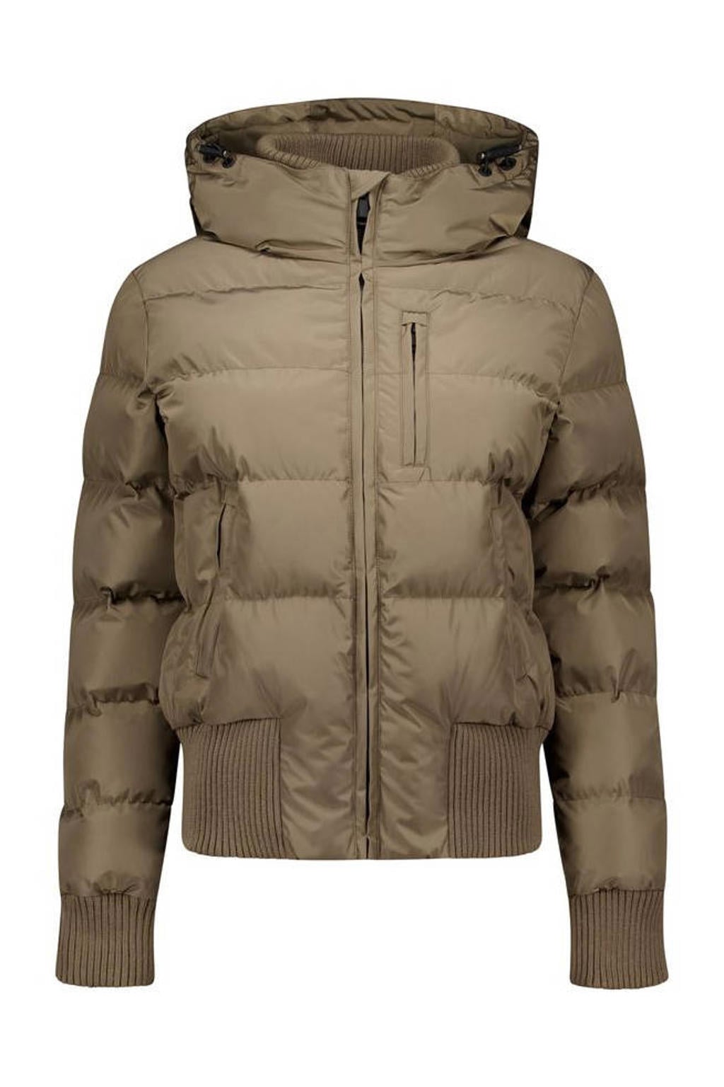 Beige dames Airforce van polyester met effen, lange mouwen, capuchon, ritssluiting en geribde boorden