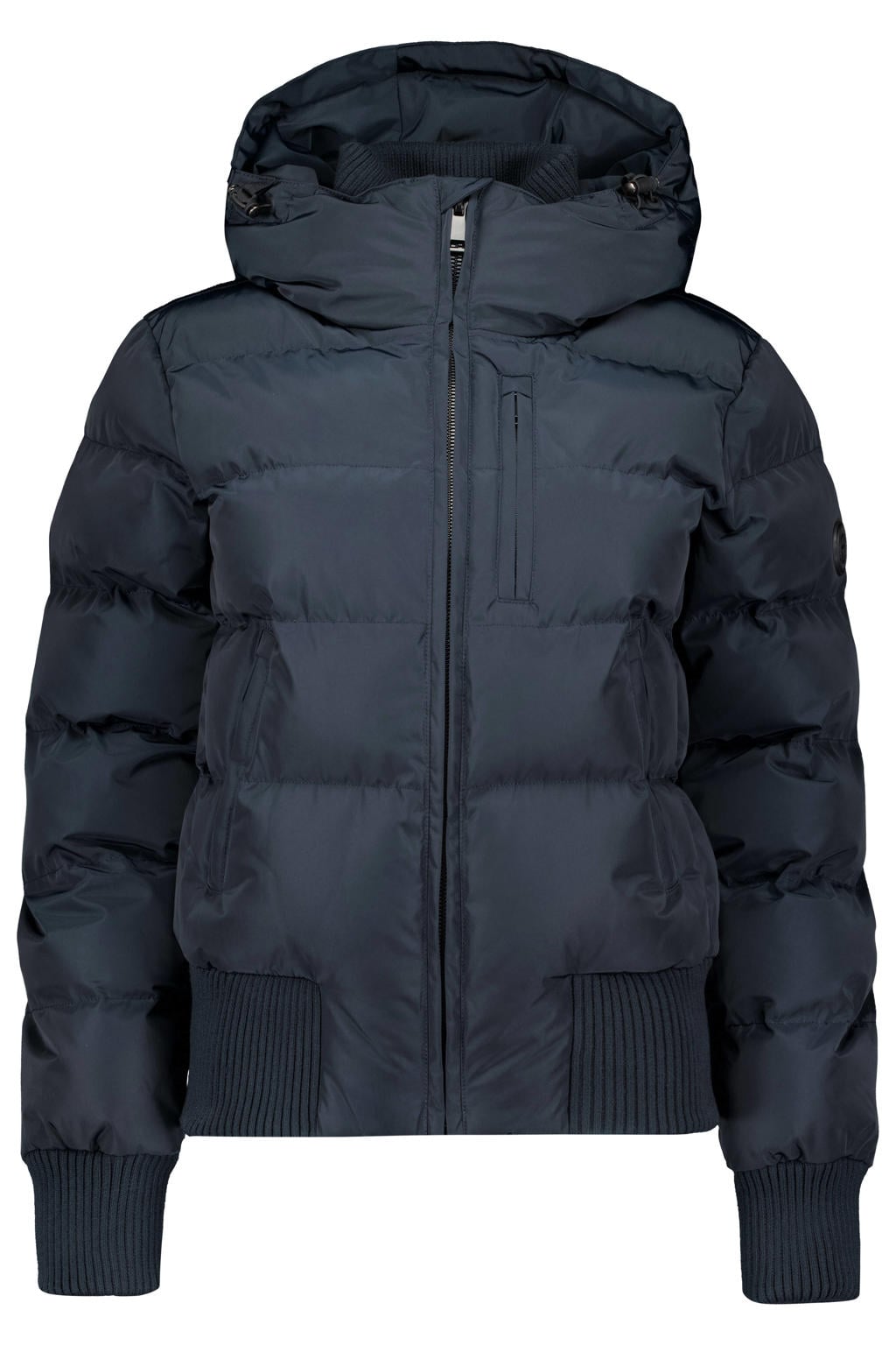 Donkerblauwe dames Airforce winterjas van polyester met effen, lange mouwen, capuchon en ritssluiting