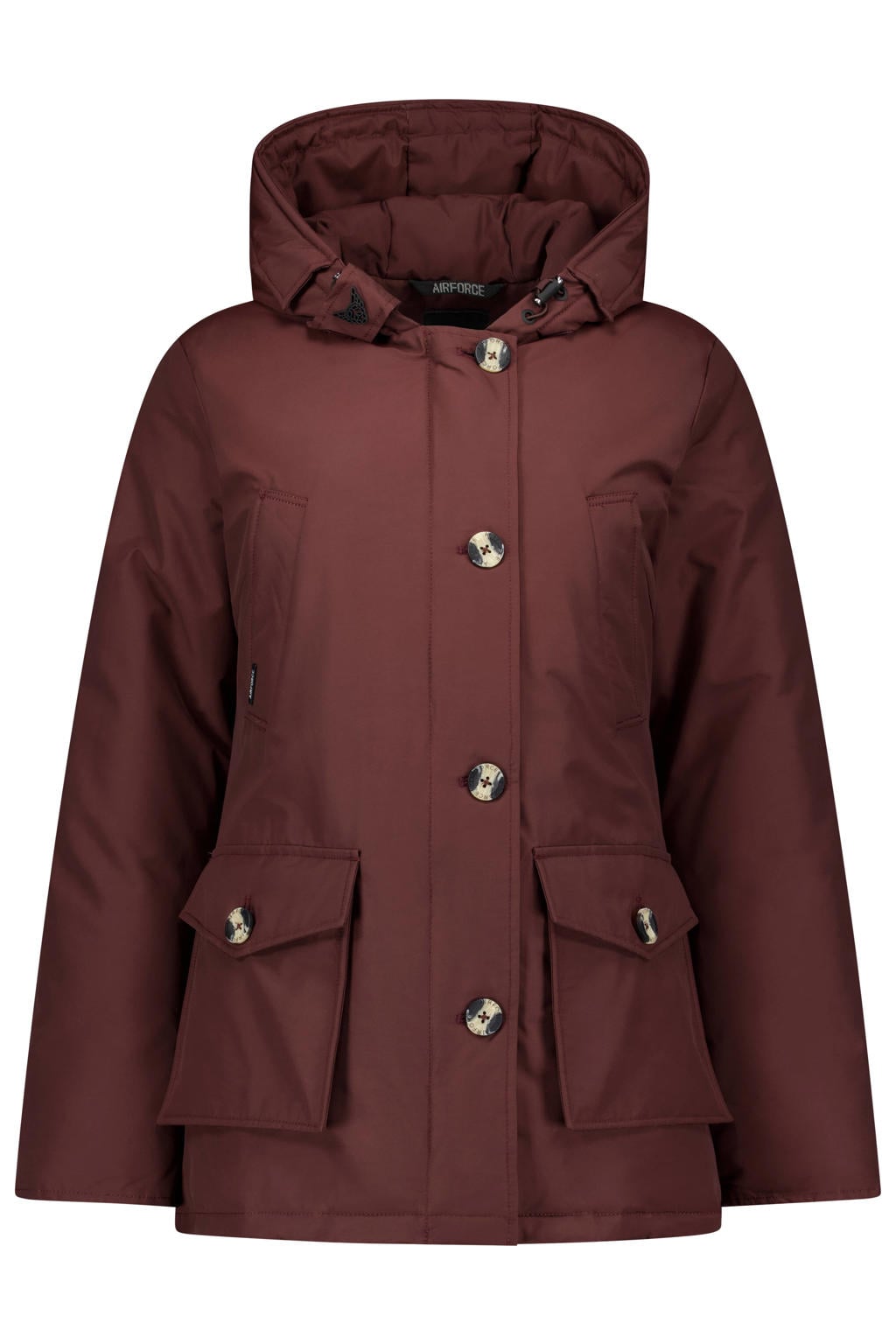 Roodbruine dames Airforce katoenen winterparka bruin met lange mouwen, capuchon en rits- en knoopsluiting