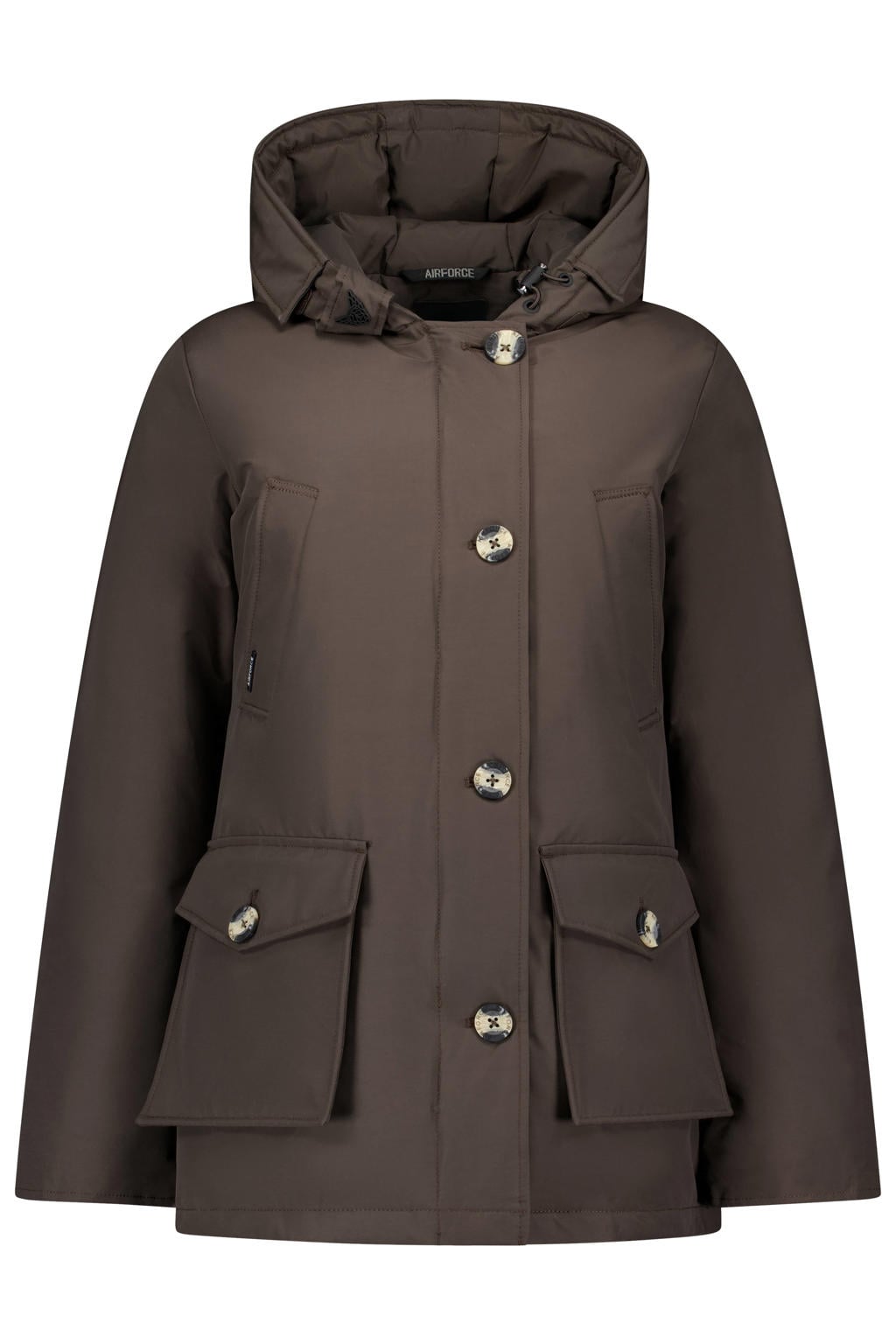 Donkerblauwe dames Airforce katoenen winterparka met lange mouwen, capuchon en rits- en knoopsluiting