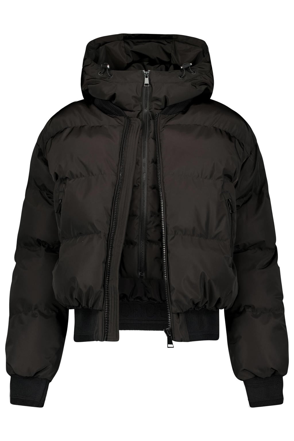 Zwarte dames Airforce winterpufferjas van gewatteerde stof met effen, lange mouwen, capuchon en ritssluiting