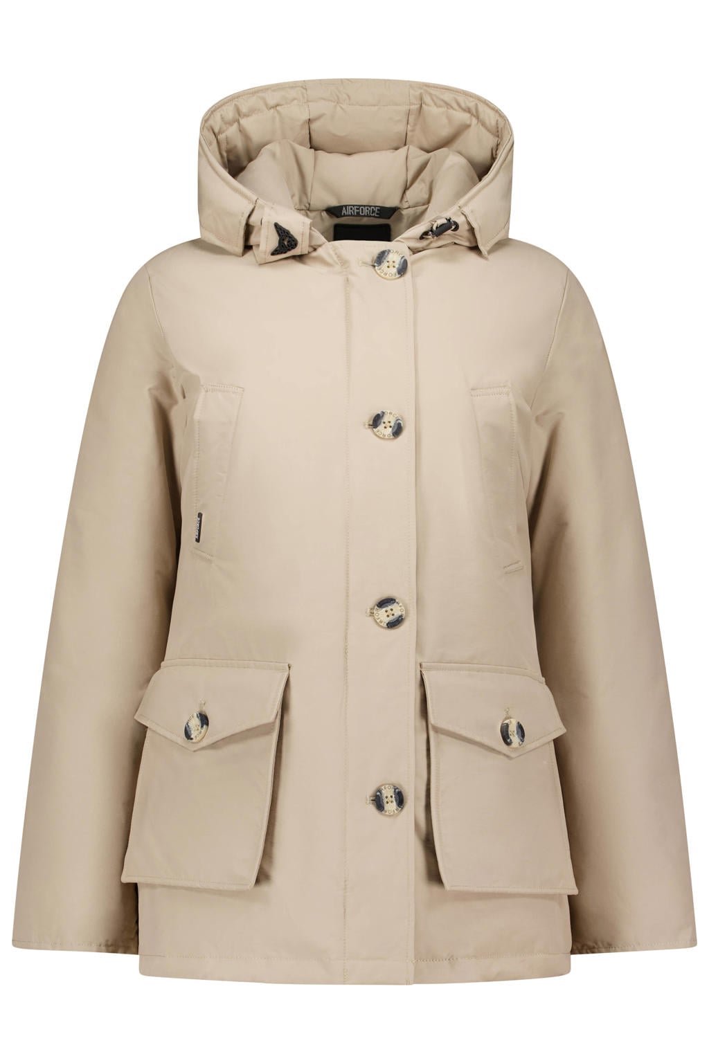 Beige dames Airforce winterparka van katoen met effen, lange mouwen, capuchon en rits- en knoopsluiting