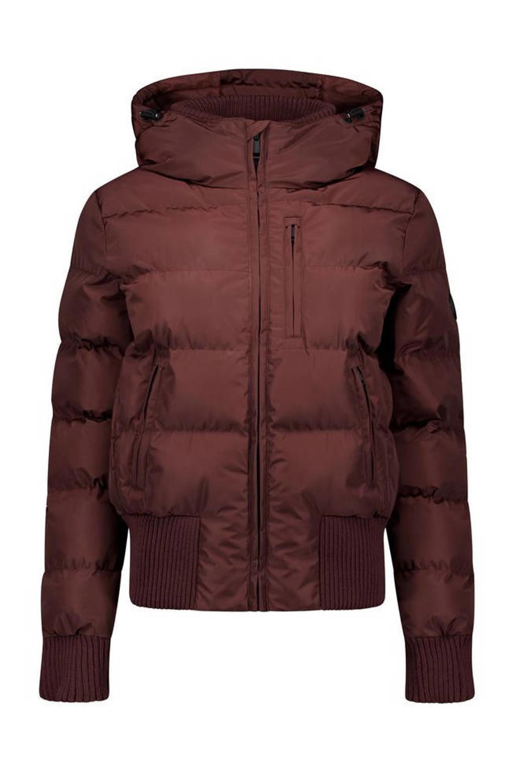 Roodbruine dames Airforce van polyester met effen, lange mouwen, capuchon, ritssluiting en geribde boorden
