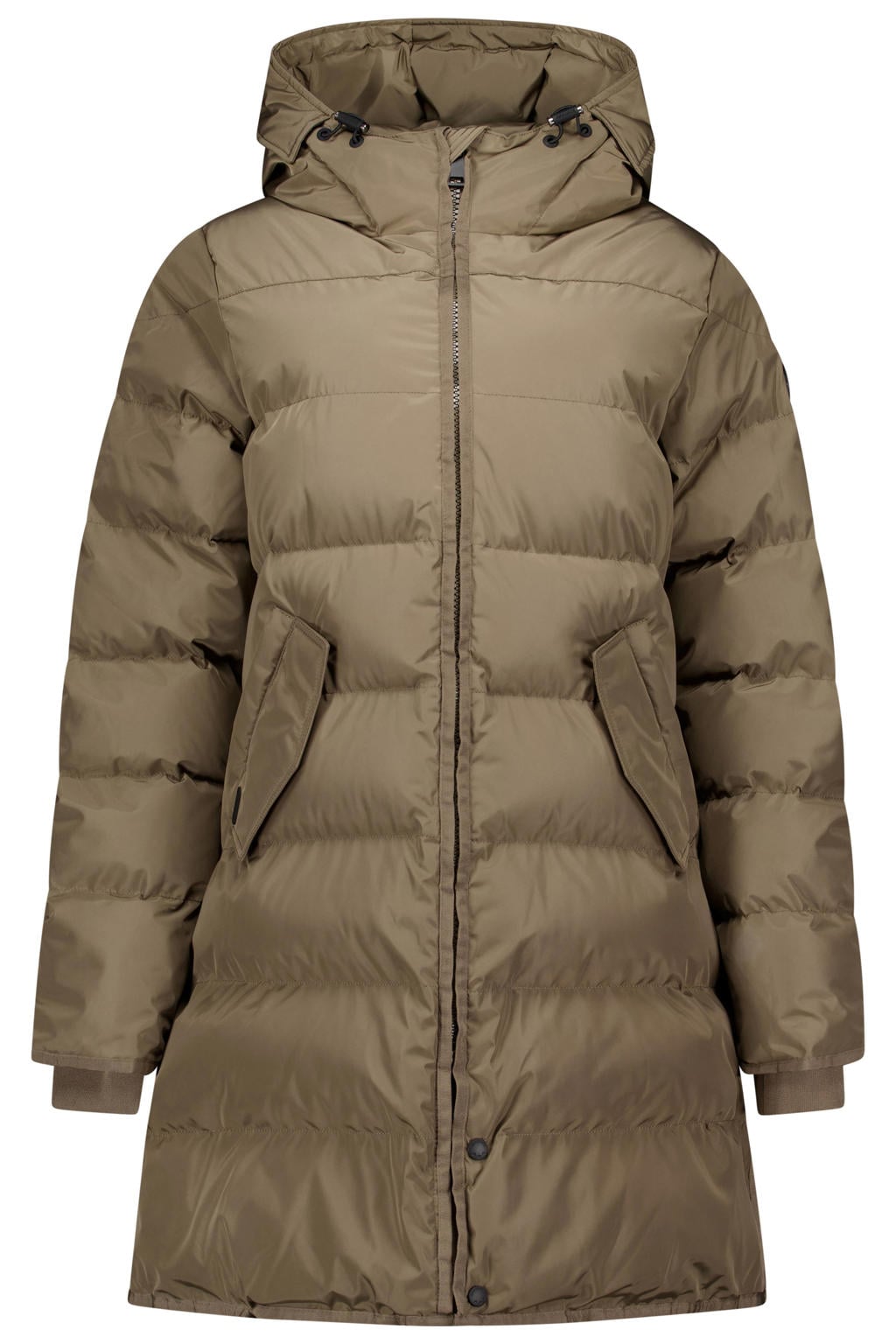 Beige dames Airforce van polyester met effen, lange mouwen, capuchon, ritssluiting en doorgestikte details