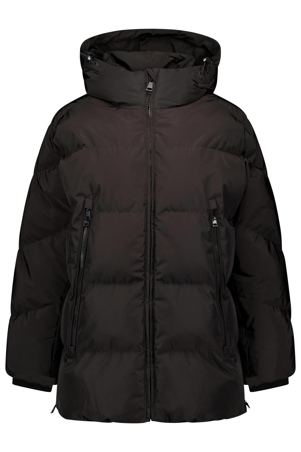 Zwarte dames Airforce winterjas van polyester met effen, lange mouwen, capuchon, ritssluiting en tunnelkoord