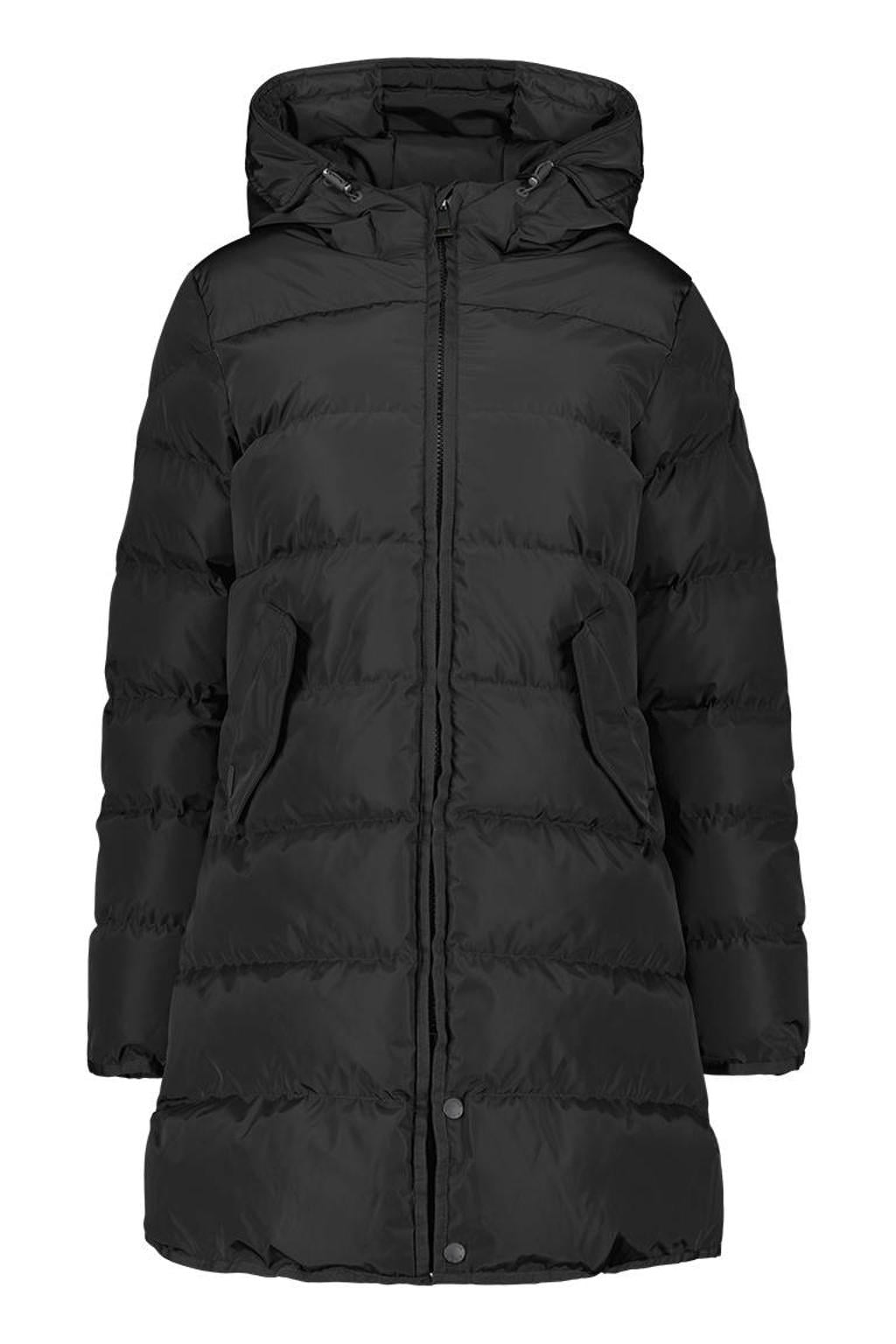 Zwarte dames Airforce quilted winterjas van polyester met effen, lange mouwen, capuchon, ritssluiting en doorgestikte details