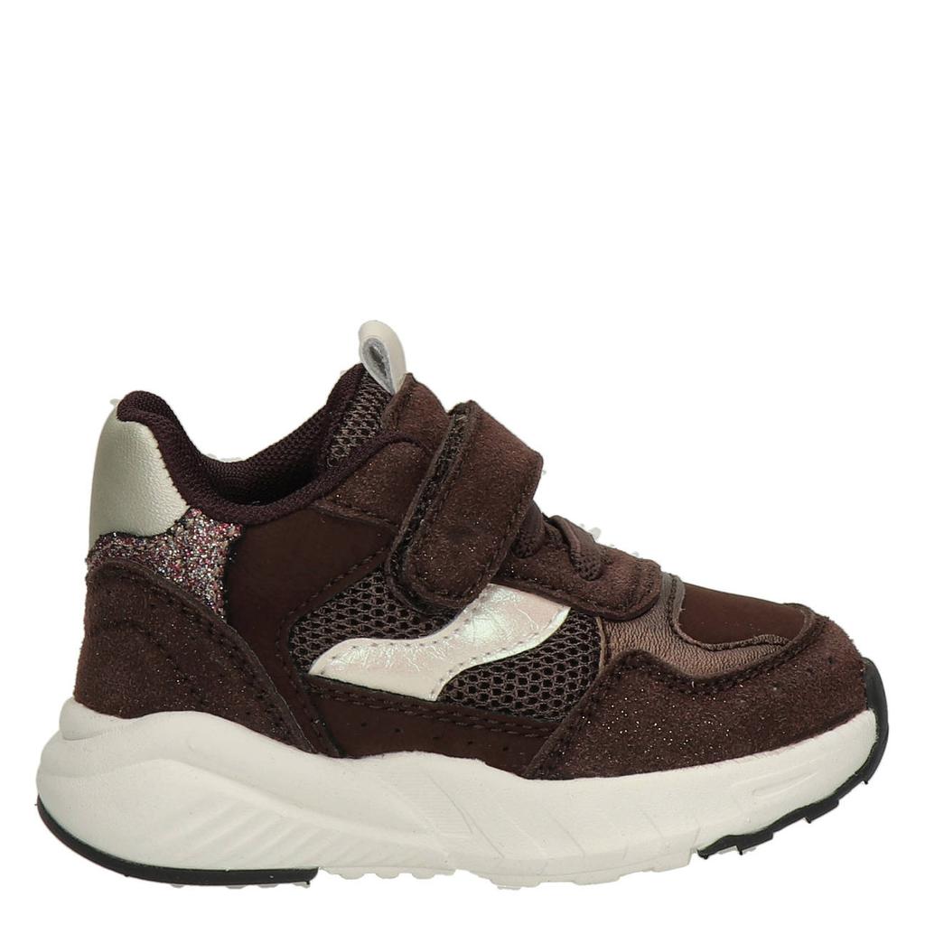 Bruine meisjes Nelson Kids imitatieleren sneakers - met elastische veter- met klittenbandsluiting
