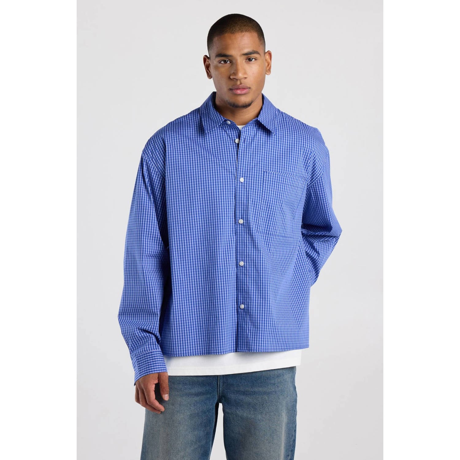 America Today loose fit geruit casual overhemd blauw wit