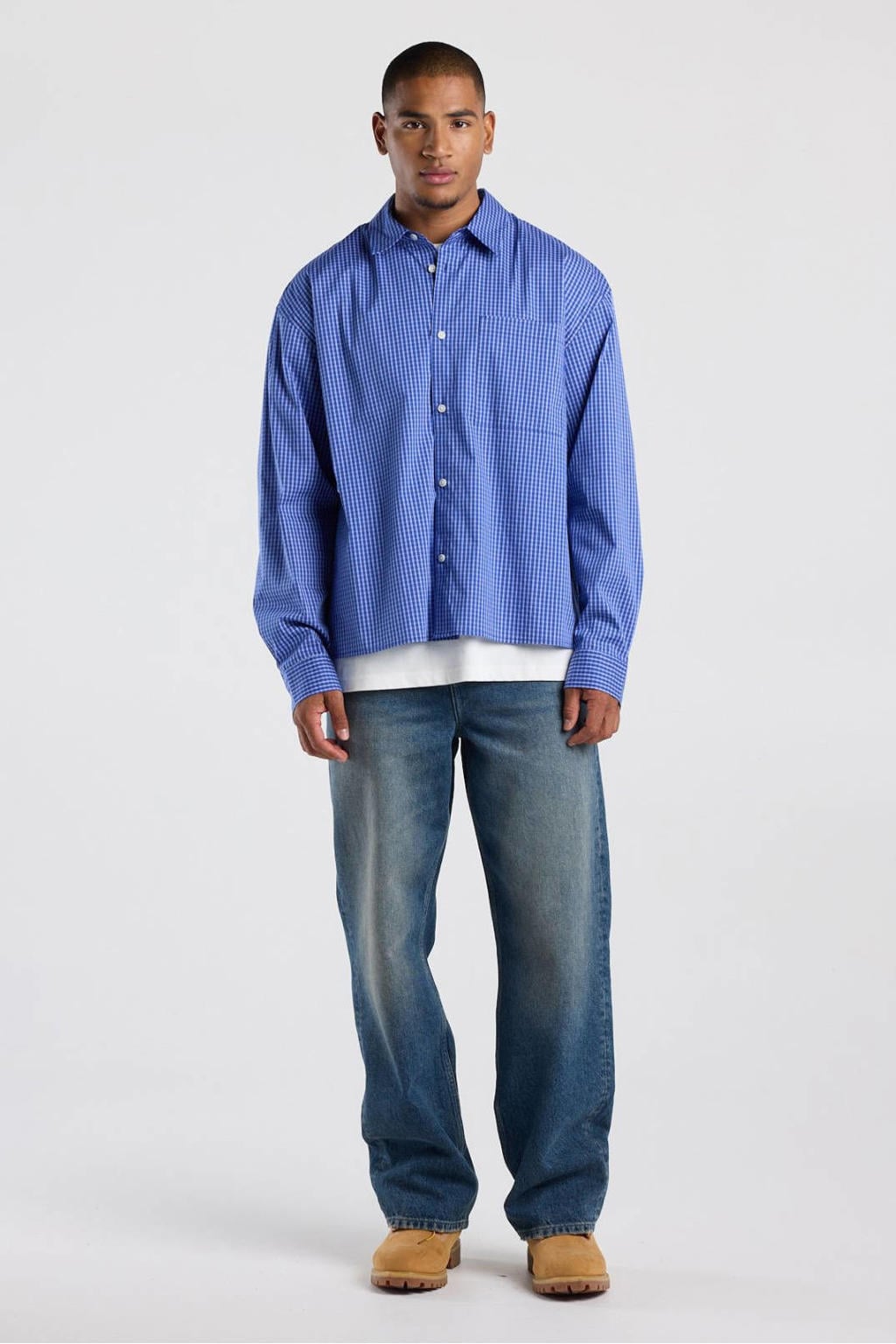 Blauwe heren America Today loose fit geruit casual overhemd van katoen met lange mouwen en klassieke kraag