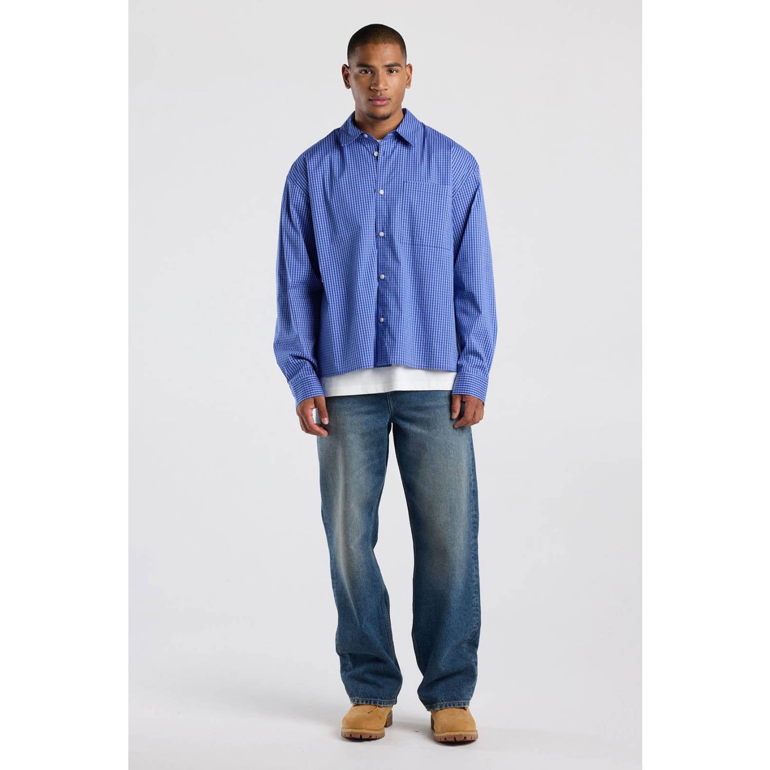 America Today loose fit geruit casual overhemd blauw wit