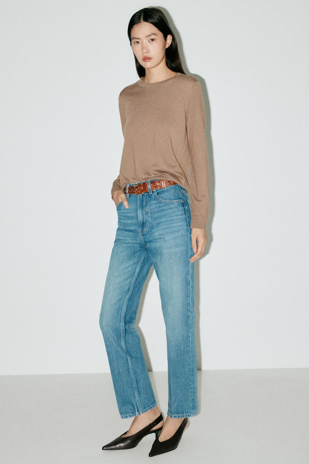 Beige dames Mango pullover van viscose met effen, lange mouwen en ronde hals