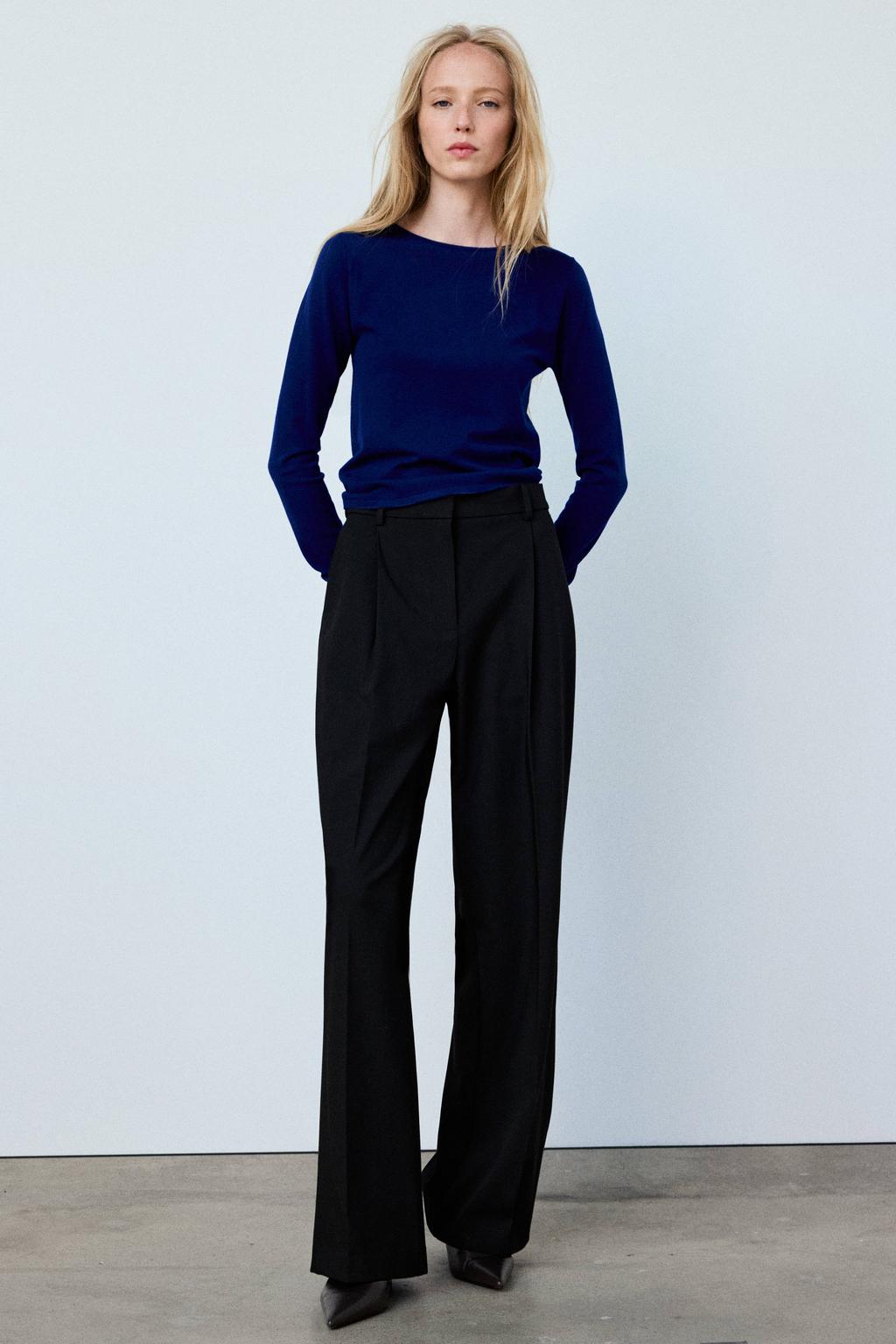Blauwe dames Mango gebreide trui van viscose met effen, lange mouwen en boothals