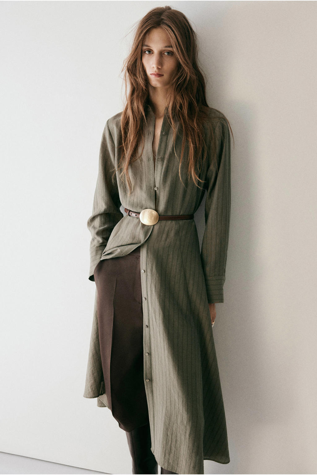 Mango blousejurk met krijtstreep, ceintuur en linnen - kaki