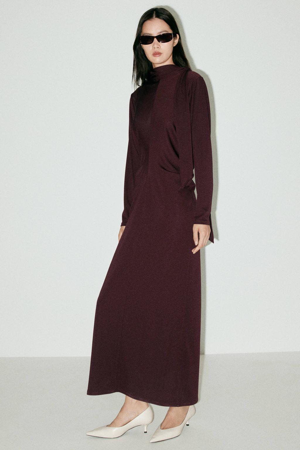 Donkerrode dames Mango maxi avondjurk van polyester met effen, lange mouwen en ronde hals