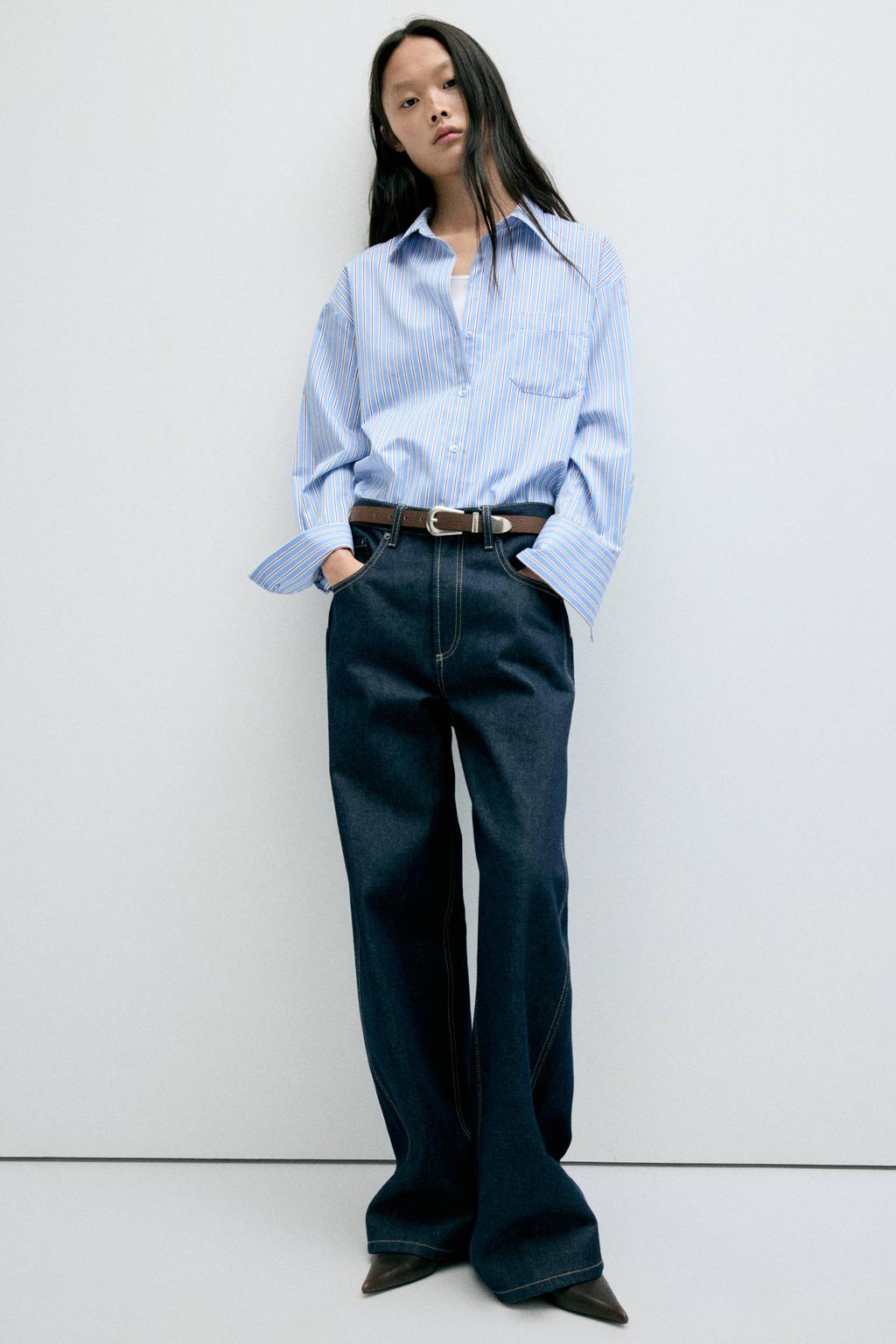 Blauwe dames Mango gestreepte blouse van katoen met lange mouwen, klassieke kraag en knoopsluiting