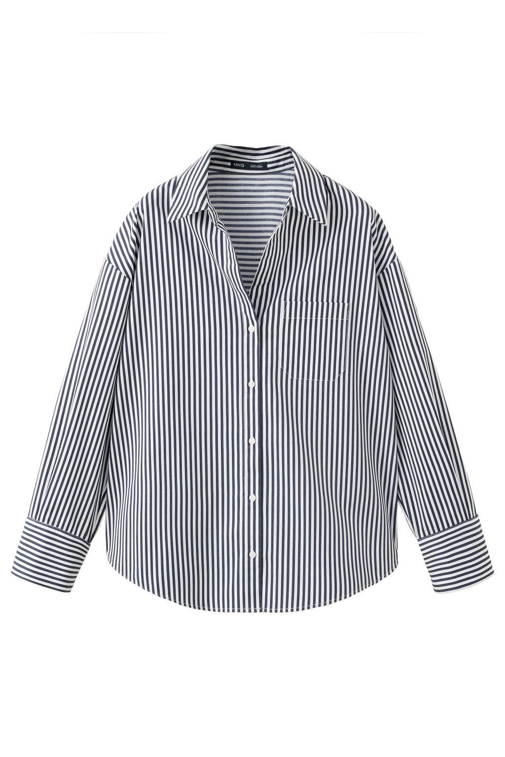 Donkerblauwe dames Mango gestreepte blouse van katoen met lange mouwen, klassieke kraag en knoopsluiting