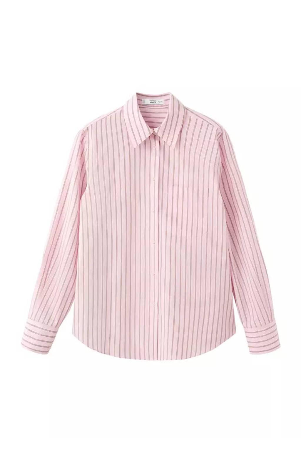 Roze dames Mango gestreepte blouse van katoen-lyocell met lange mouwen, klassieke kraag en knoopsluiting