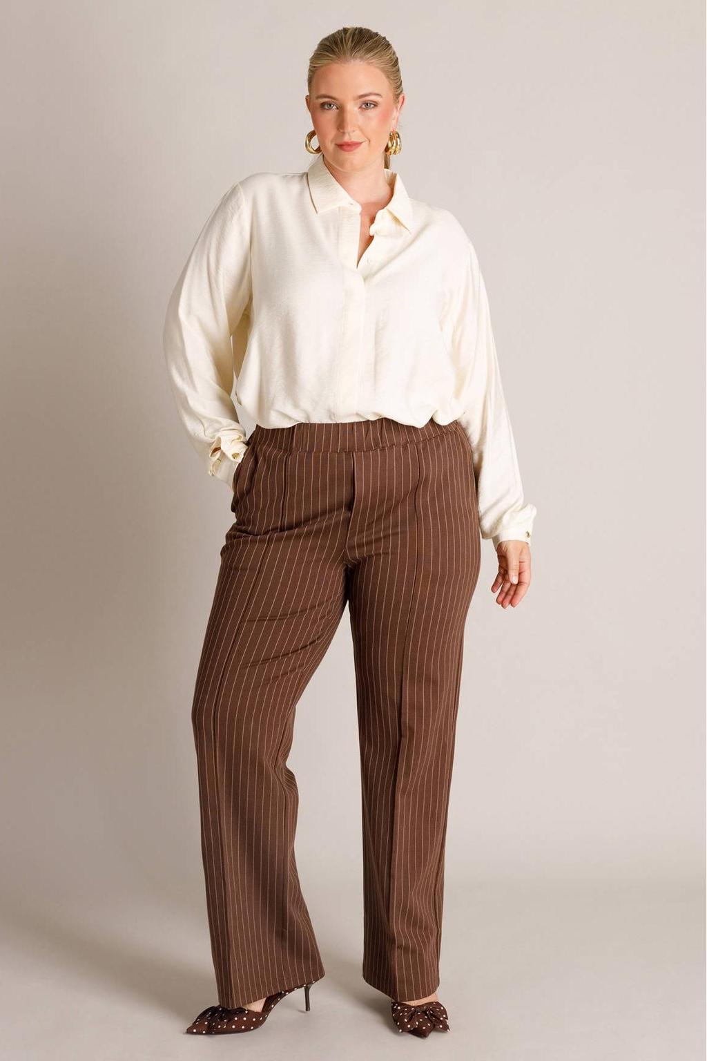 Bruine dames Yest Curve regular waist wide leg gestreepte broek van viscose