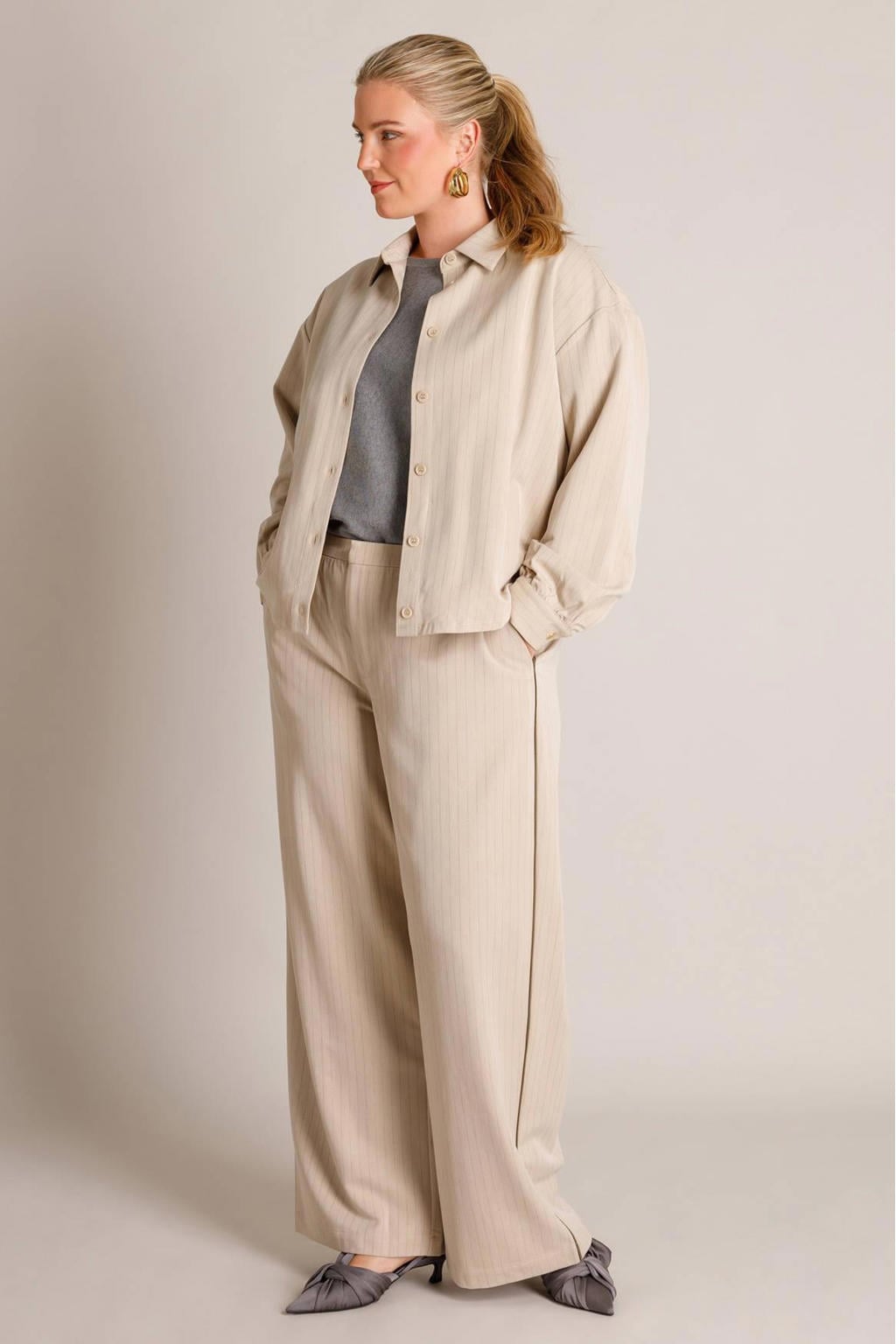 Beige dames Yest Curve wide leg gestreepte broek Plus Size met rits- en haaksluiting
