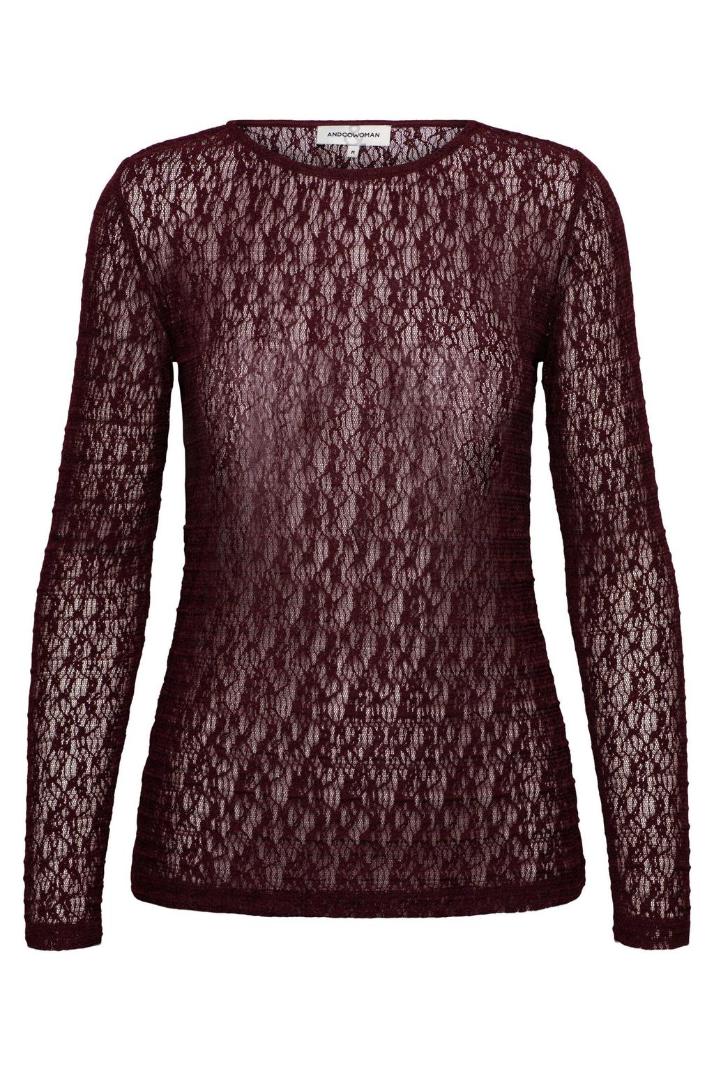 Donkerrode dames &Co Woman top van polyester met lange mouwen, ronde hals en kant