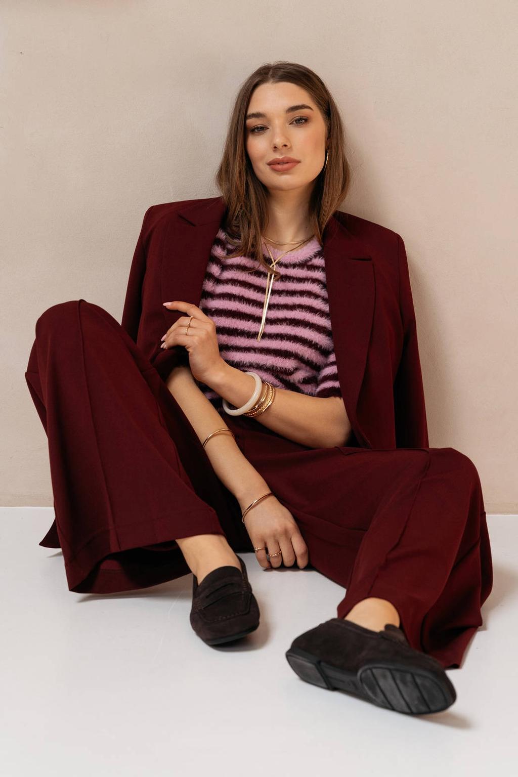 Roze dames &Co Woman gestreepte gebreide trui van polyester met driekwart mouwen, ronde hals en textuur