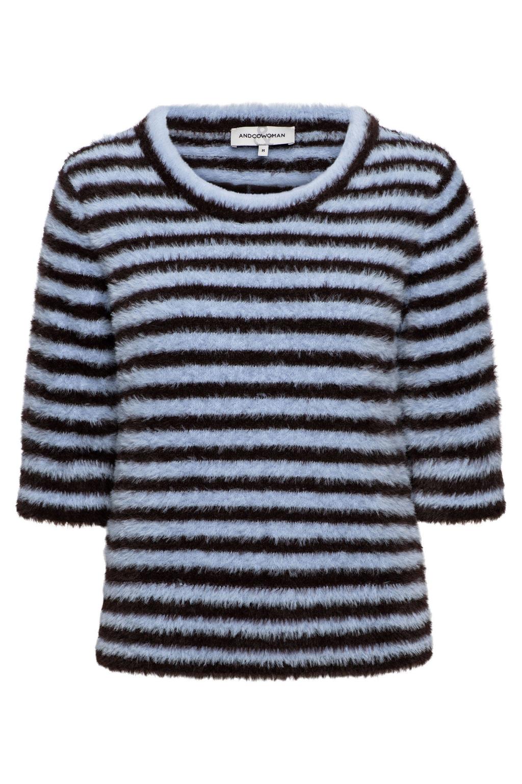 Lichtblauw en donkerblauwe dames &Co Woman gebreide gestreepte trui van polyester met driekwart mouwen, ronde hals en textuur