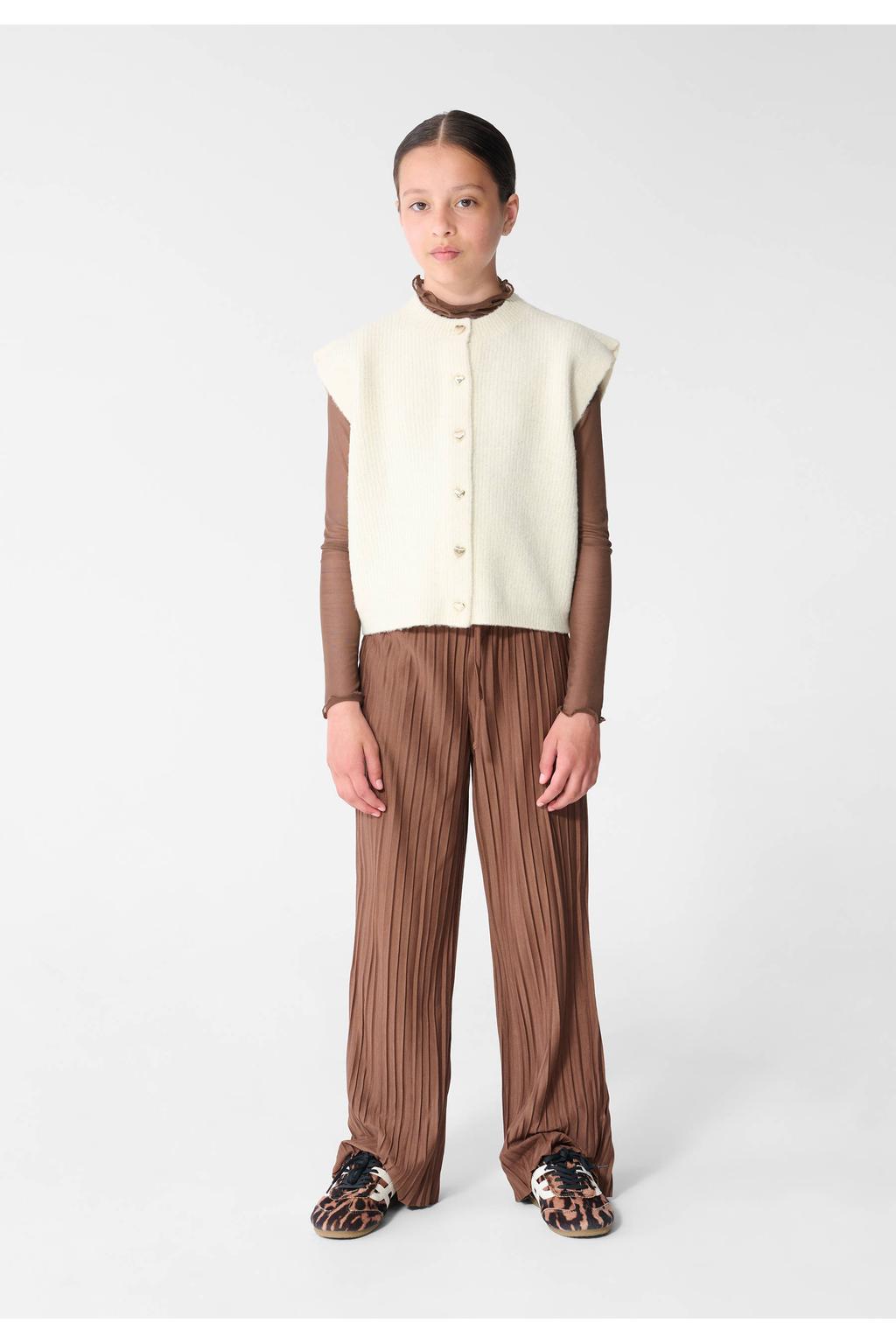 Bruine meisjes Shoeby longsleeve van polyester met effen, lange mouwen, col en rafels