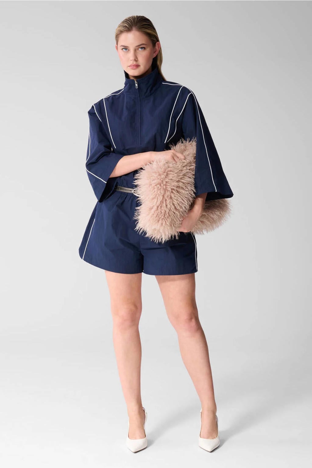 Donkerblauw en witte dames Shoeby playsuit van polyamide met ritssluiting en effen