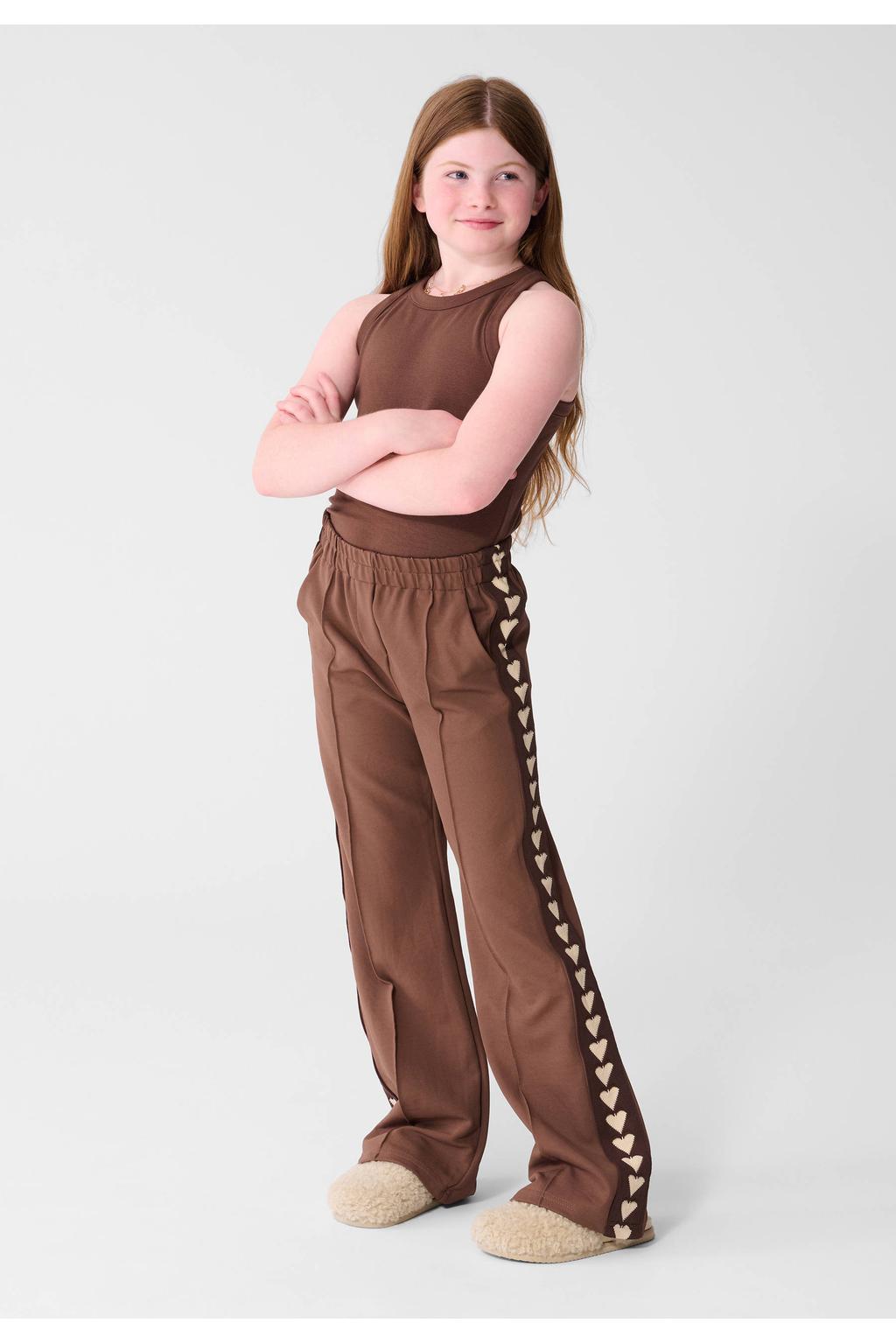 Bruine meisjes Shoeby high waist casual broek van polyester met elastische tailleband en effen