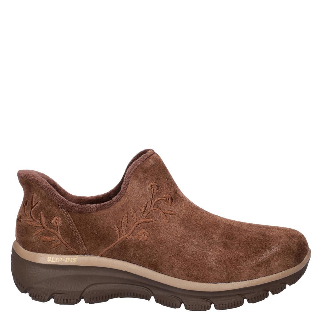 Skechers suède instappers met borduursels en profielzool - bruin